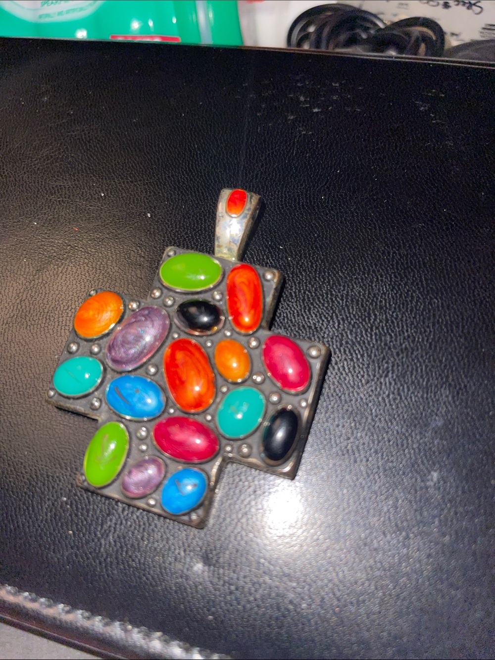 Multicolor Cabochon Cross Pendant Necklace - Colorful Statement